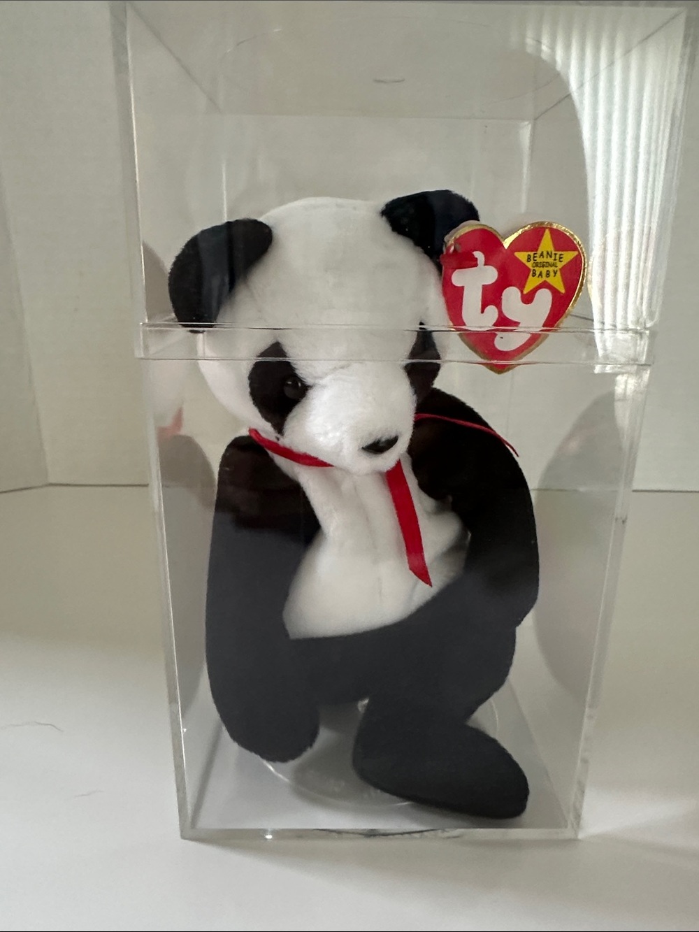 Ty Fortune Black & White Panda Beanie Baby with Red Ribbon